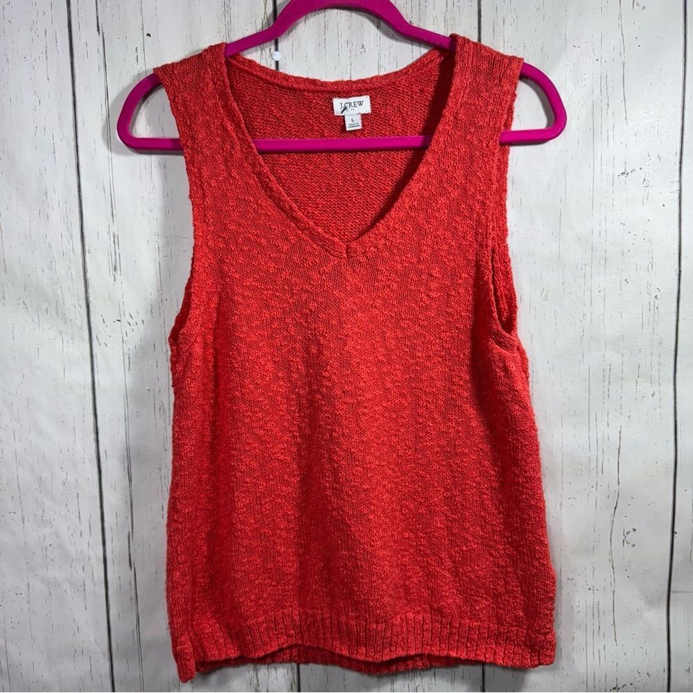 J Crew V Neck Beach Knit Sweater Tank Orange Ribbed Textured Minimalist Cotton